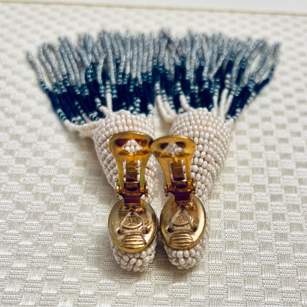Oscar de la Renta Classic Long Tassel Clip-On Earrings - Cream/Navy/Silver - Picture 7 of 7
